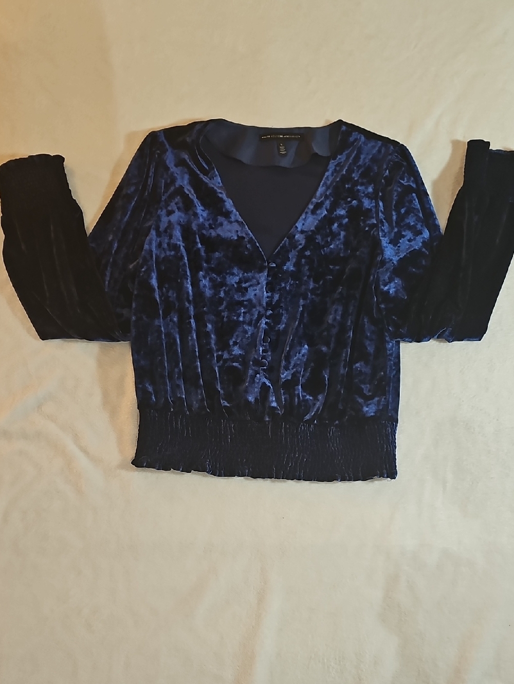 White House Black Market Velvet V-Neck Blouse - Navy Blue
